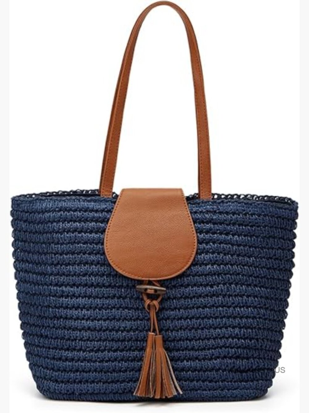 Woven Tote Bag with Tassel Accent - Navy & Tan
